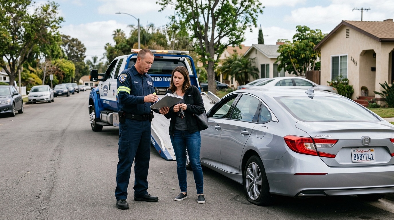 Phoenix tow operator and customer discussing service options on a desert freeway shoulder
