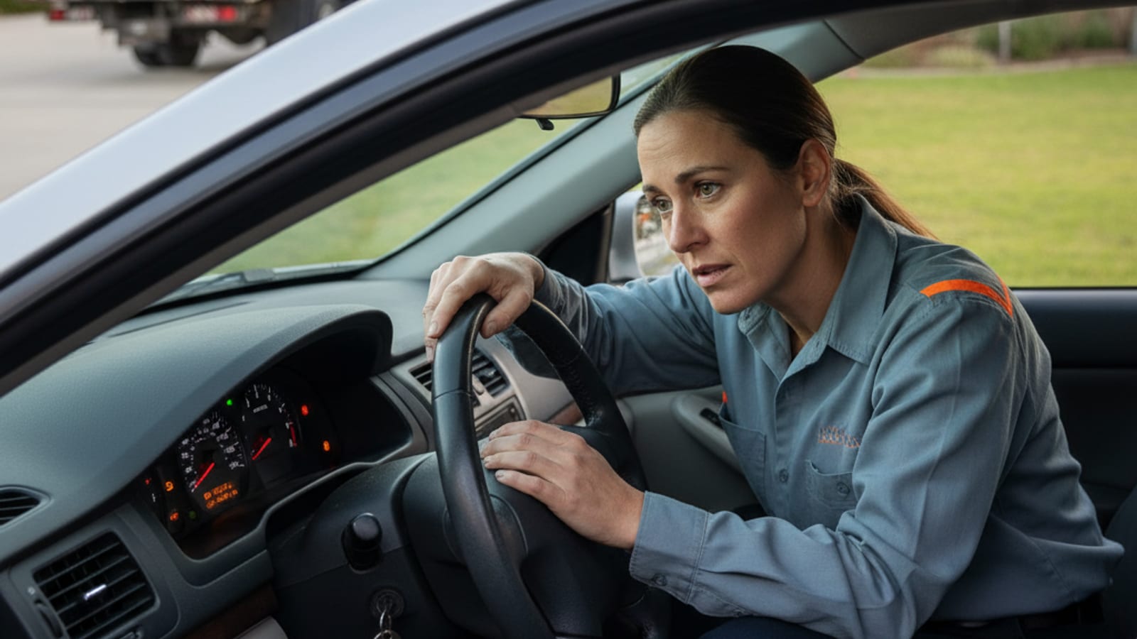 Driver checking dashboard warning lights on a parked car in a Phoenix driveway