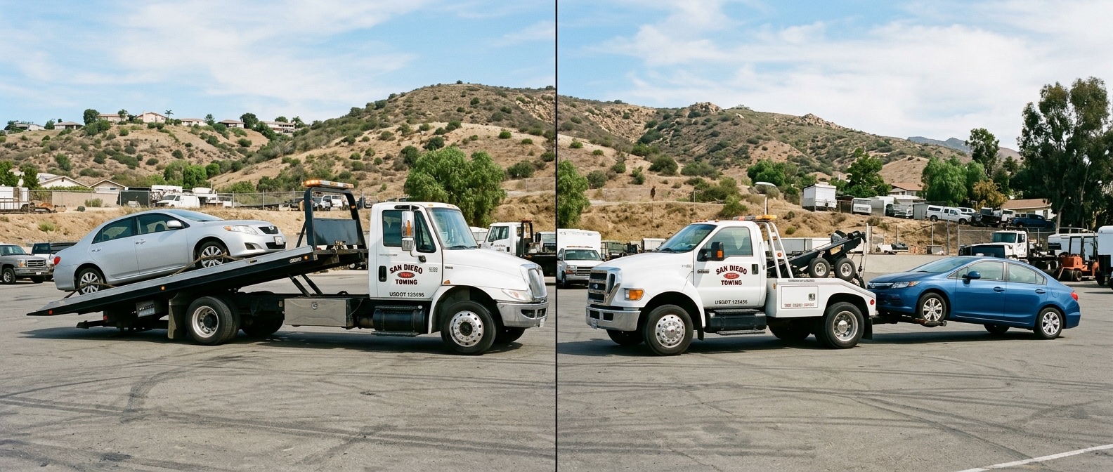 Side-by-side comparison of a flatbed tow truck and a wheel-lift tow truck loading vehicles in a Phoenix service yard