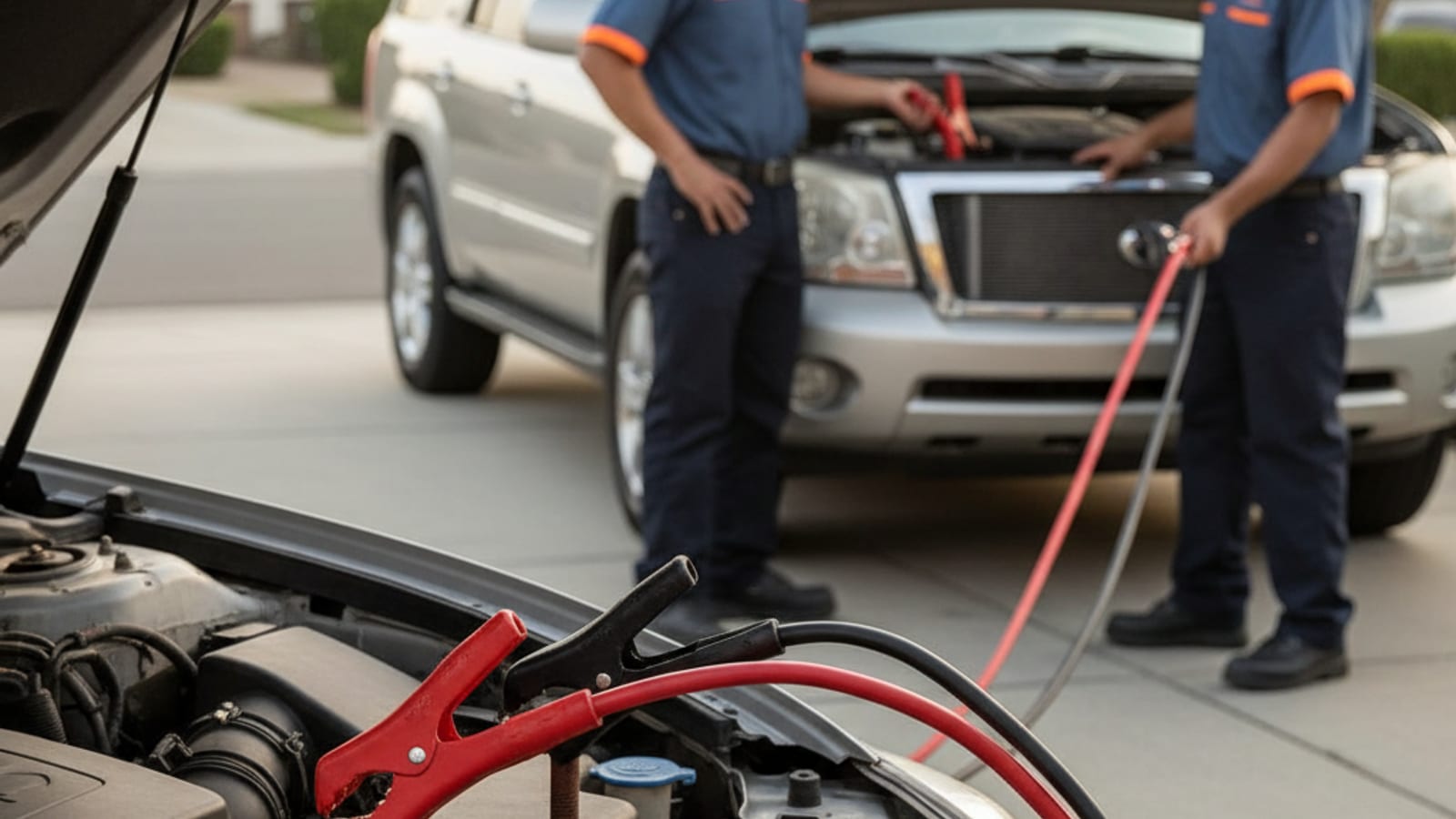 Close-up of jumper cables connected between two car batteries with the donor vehicle running in a Phoenix driveway