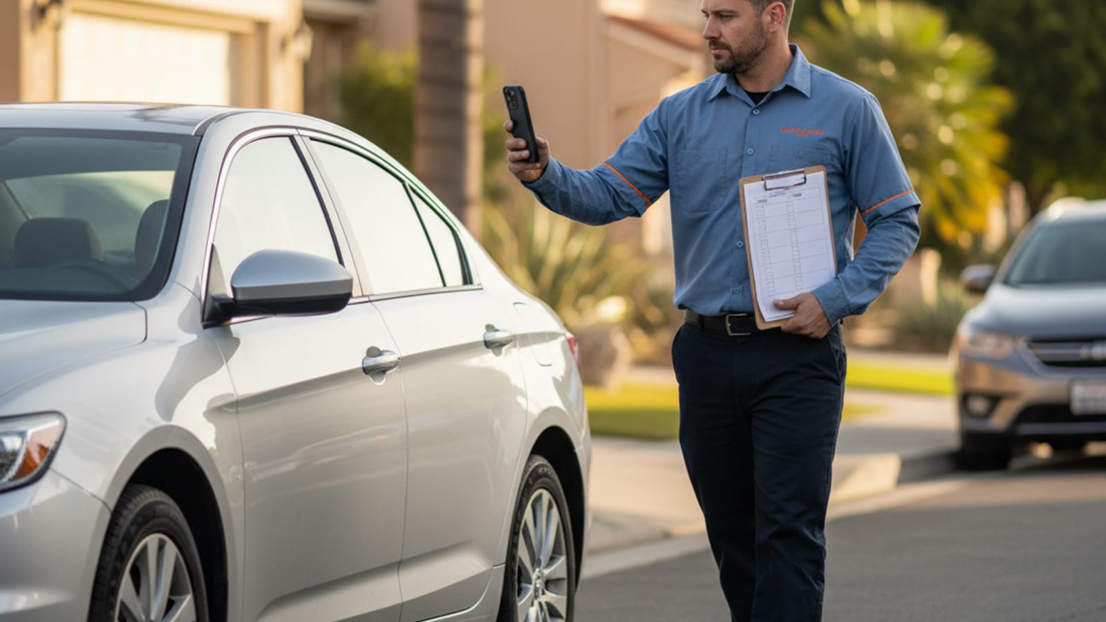 Driver walking around their vehicle making notes before a scheduled tow on a Phoenix residential street