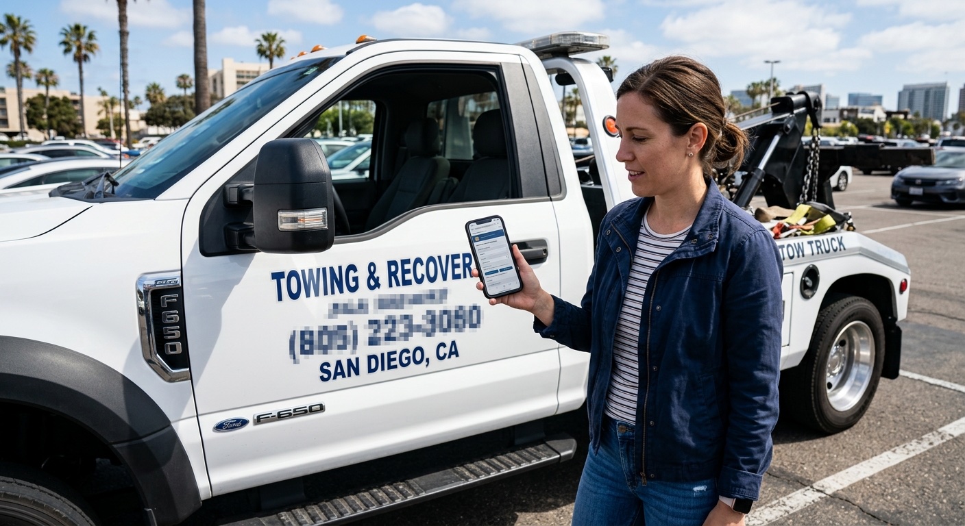 Customer checking a tow operator's credentials on a smartphone in a Phoenix parking lot