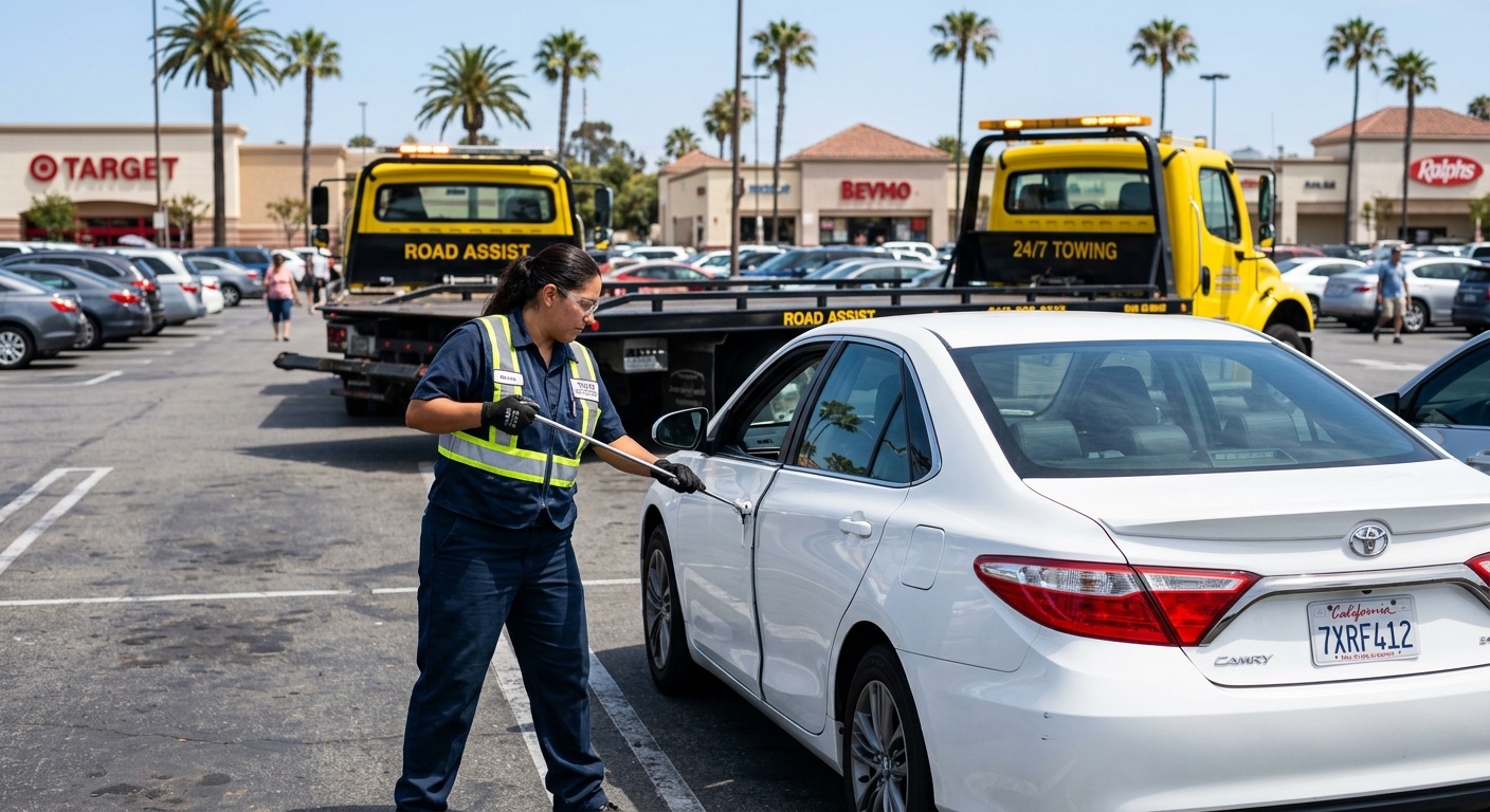 Independent operator using a long-reach lockout tool to unlock a sedan in a Phoenix shopping center parking lot