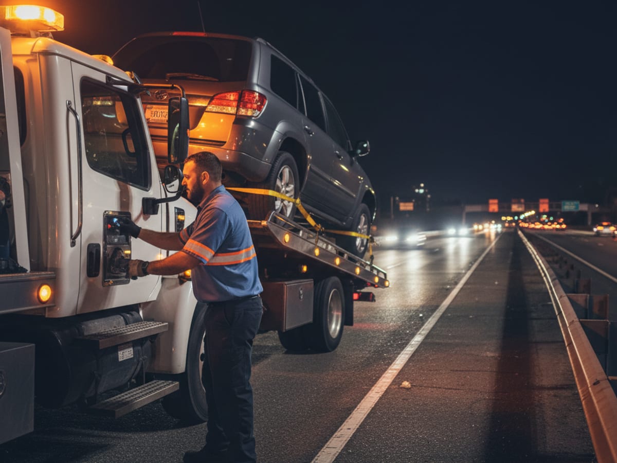 A tow truck arriving with amber lights on a city street at night