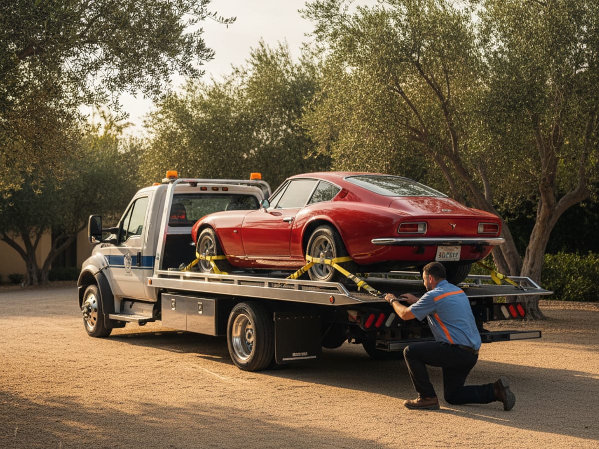 Independent operator low-clearance flatbed carefully loading a classic Porsche with soft-tie wheel nets in a Scottsdale driveway