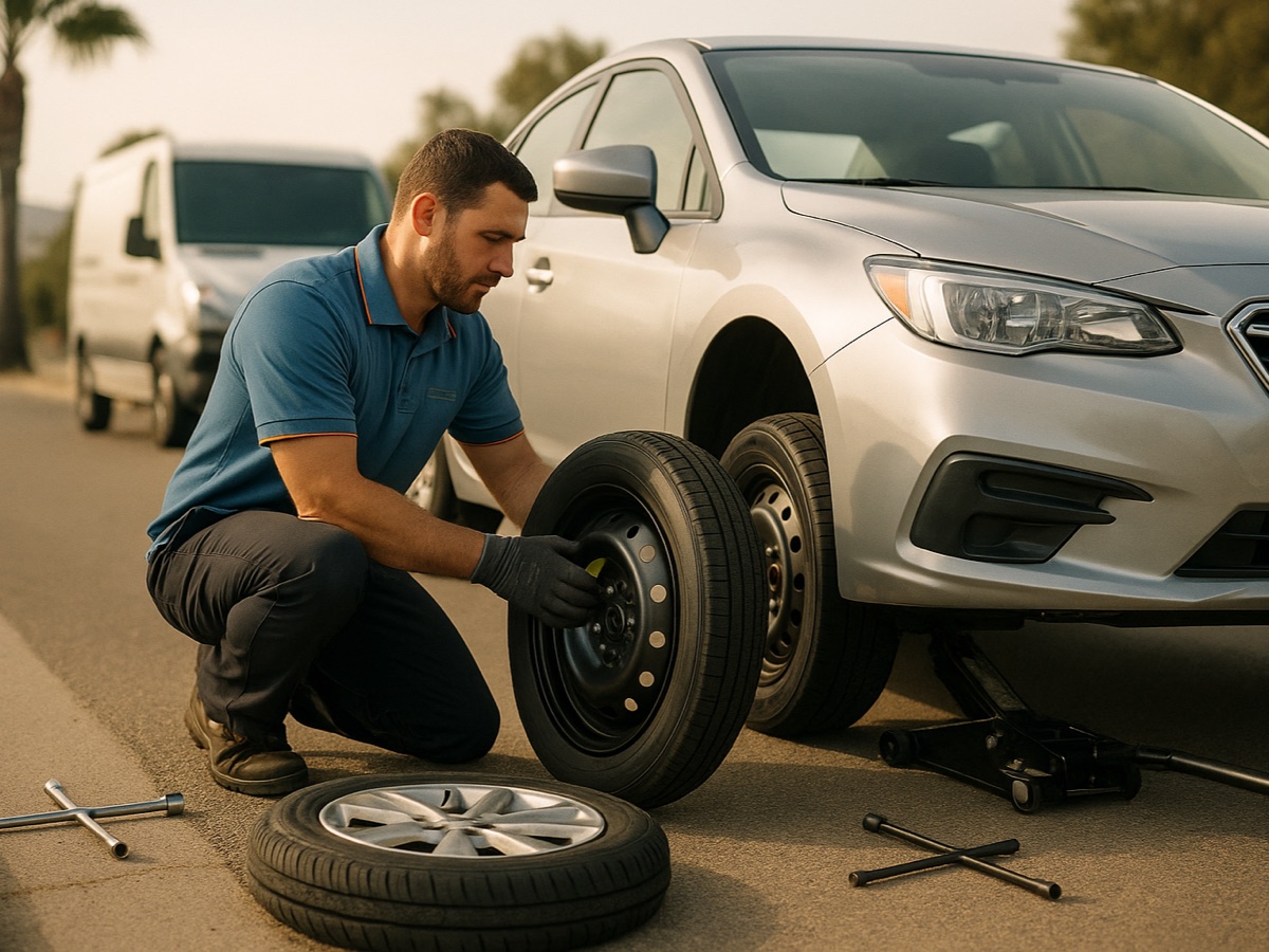Independent operator changing a flat tire for the spare on a vehicle pulled onto a Phoenix freeway shoulder