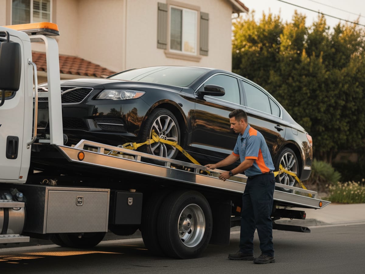 A flatbed tow truck loading a sedan, the standard job most quotes are based on