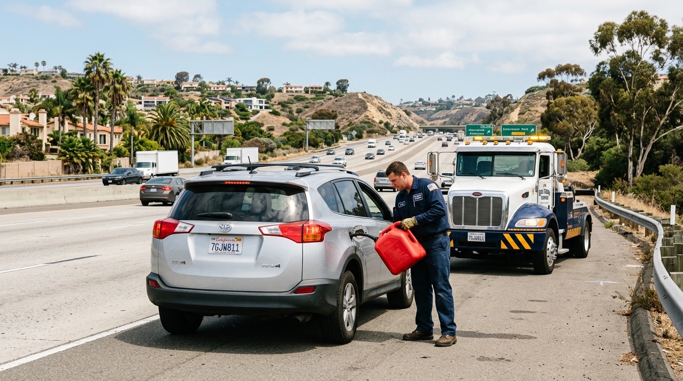 Independent operator pouring fuel from an approved jerry can into a vehicle on a Phoenix freeway shoulder