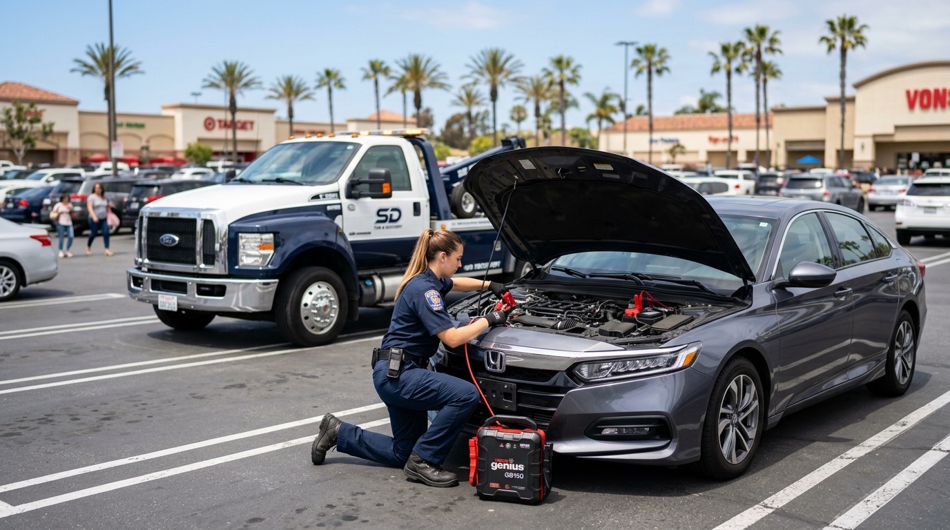 Independent operator connecting a commercial jump pack to a dead battery in a Phoenix parking lot during daylight