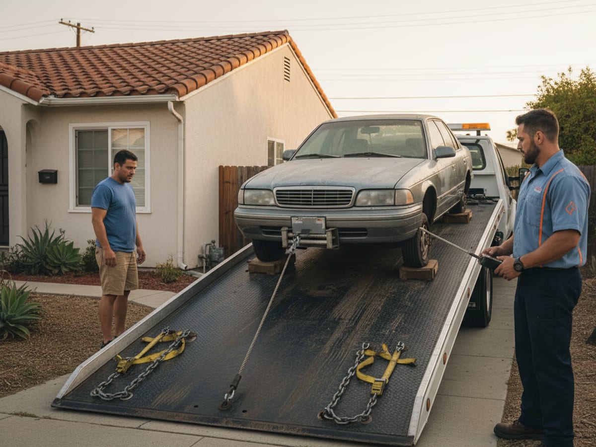 A non-running car being winched onto a flatbed for junk removal