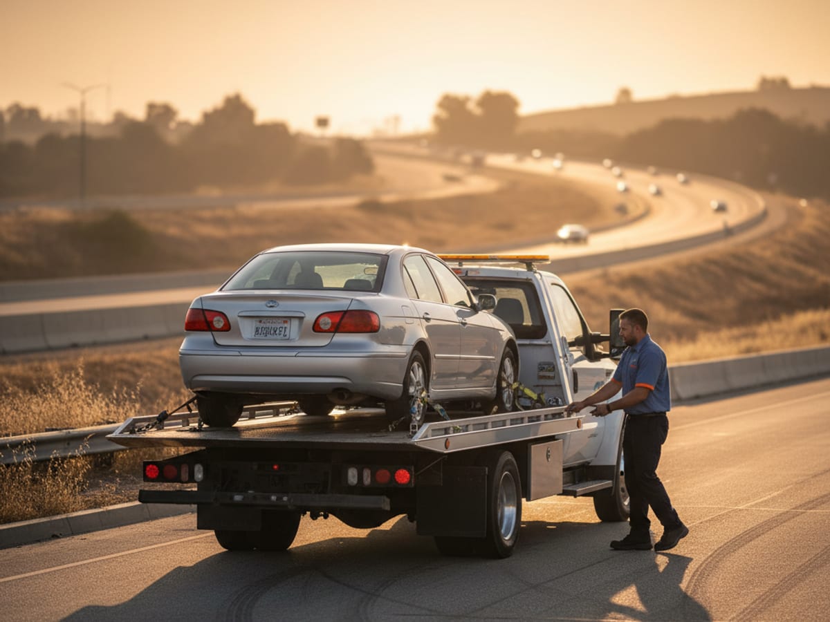 A flatbed tow truck carrying a sedan on an interstate for a long-distance move
