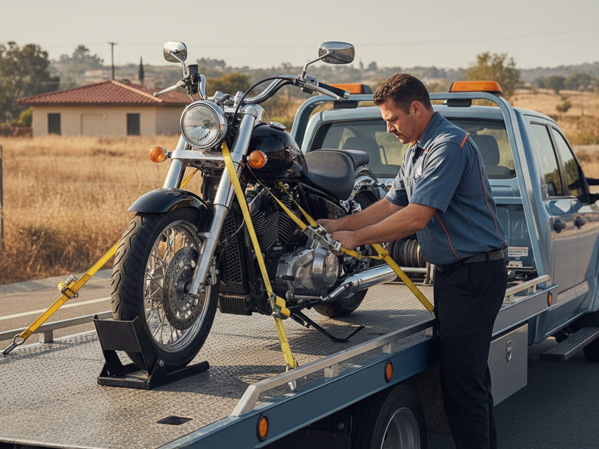 Independent operator securing a Harley-Davidson cruiser on a low-deck flatbed near the Beeline Highway