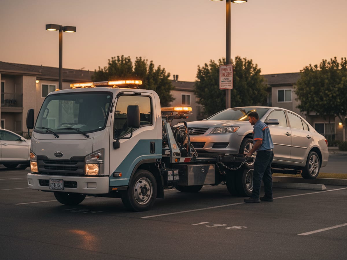 A private-property tow zone sign beside a car being hooked in a parking lot