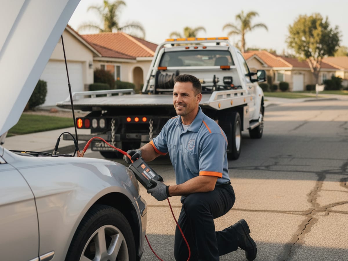 Independent operator jump-starting a disabled car on a residential Phoenix street