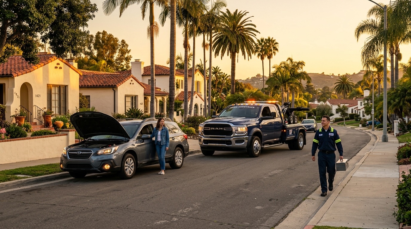 Independent operator arriving at a stranded vehicle in a Phoenix parking lot to provide pay-per-call roadside service