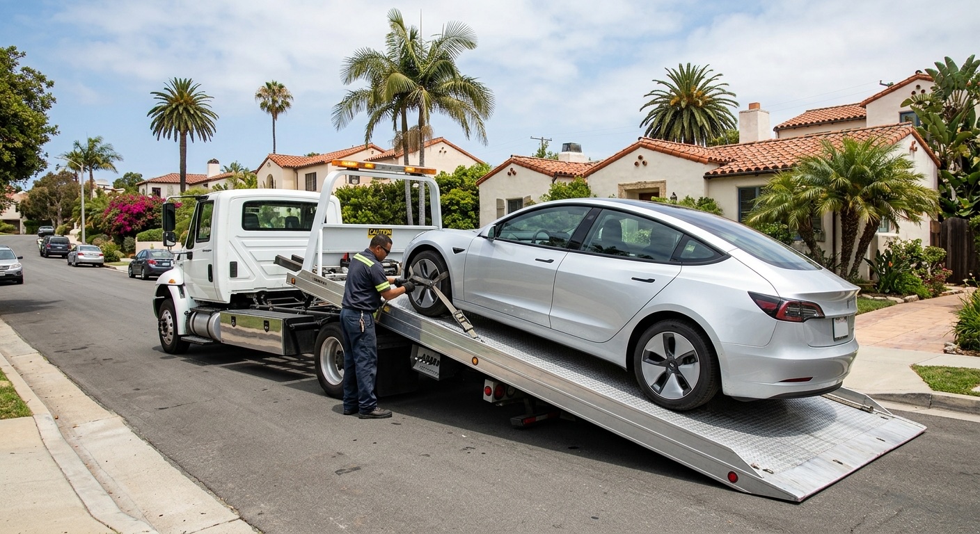 An electric vehicle secured on a flatbed deck with soft straps