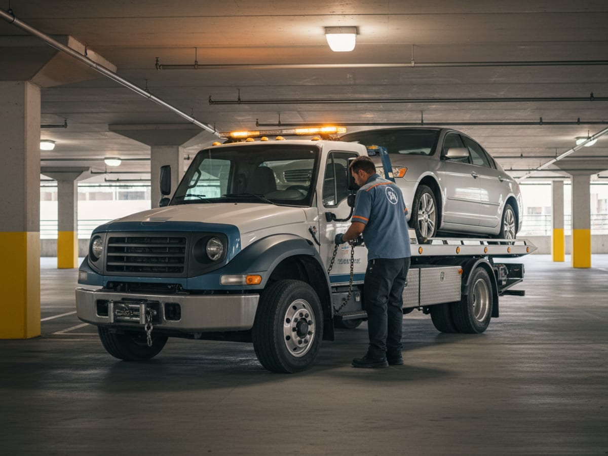 Independent operator wheel-lift truck hooking a Honda sedan in a tight Phoenix apartment parking lot